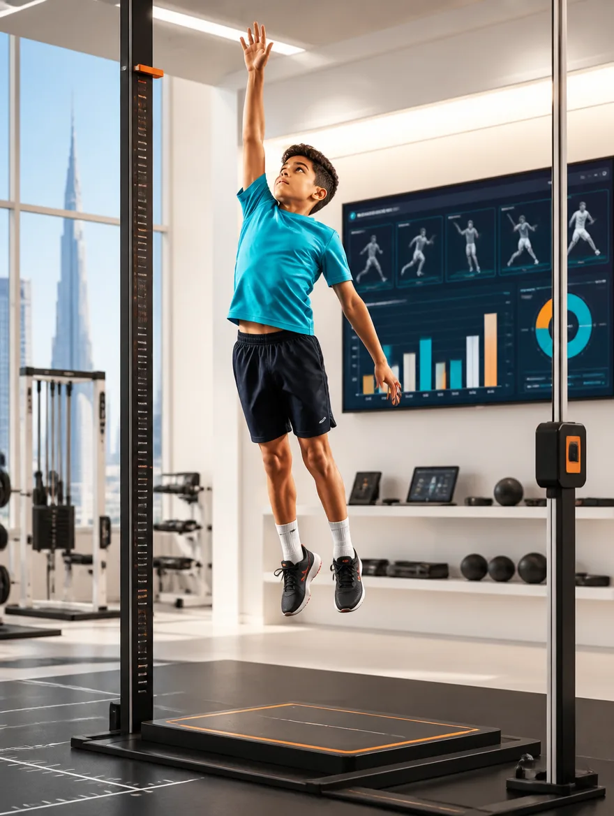A young athlete completing a multi-sport agility test in a bright modern sports science facility in Dubai